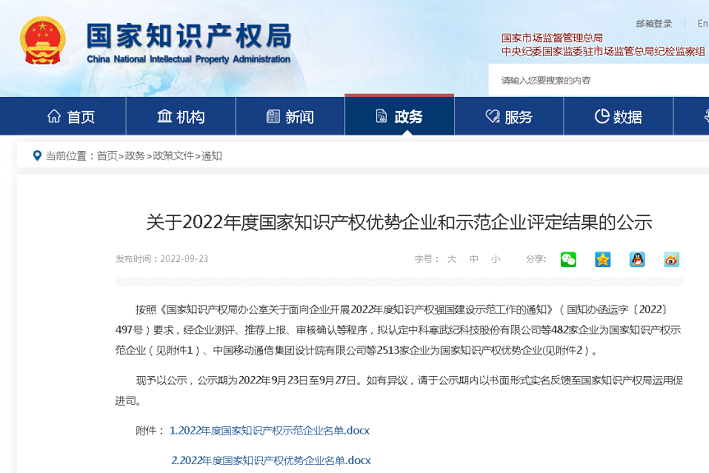 3003新葡的京集团入选“2022年度国家知识产权优势企业”榜单